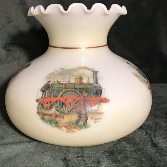 Vintage Lamp Shade Ruffled Milk Glass Train History Scenes 6.75” GWTW - Picture 11 of 16